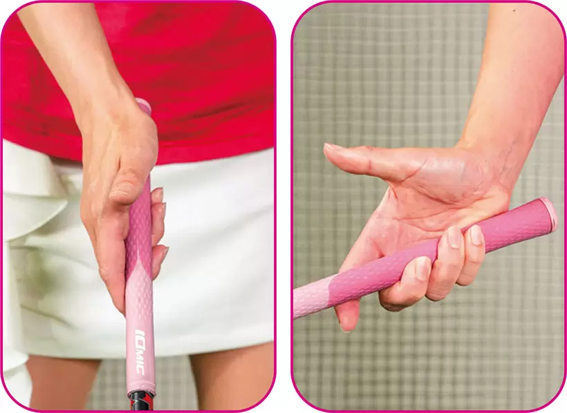 右手首を使いやすくするには小指側でクラブを支える感じで持つのがコツ。右手のヒラはターゲット方向を指すのがベストだ。