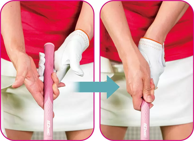 左手も右手同様、小指側から引っかけるように握る。両手に余分な力が入らないように指先で握る感覚を大事にしよう。