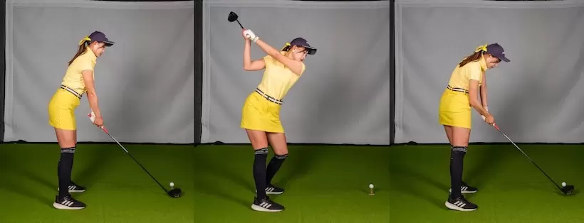 腹筋を意識すると体幹に力が入る。体が起きるなど軸ブレを起こす動作が抑えられ、カッコいいインパクトで飛ばせる