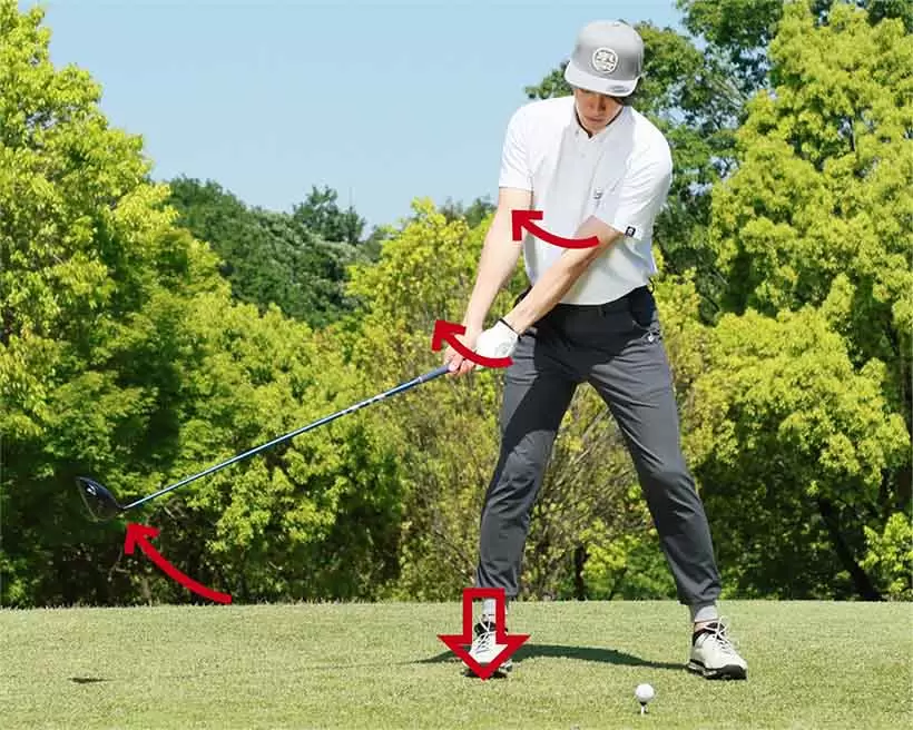 右足に乗せていく反動を利用してテークバック。カラダ、腕、クラブが同時にスタートするのがベストだ。