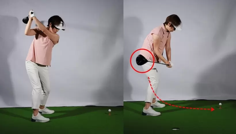 右手がかぶったグリップだと、トップからインパクトまでフェースが開いたままになりスライスが確約されてしまう