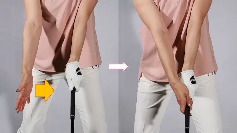 左手一本でクラブを持ったら握手をする位置に右手を置き、真横からグリップ。右手がかぶらないように握る