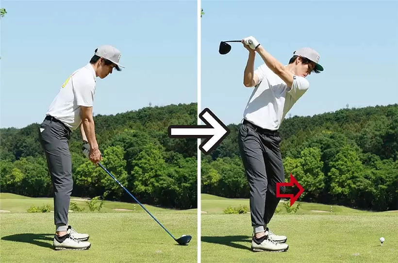 バックスイングでは左ヒザを前に出すことで腰の回転を促すのがポイント。