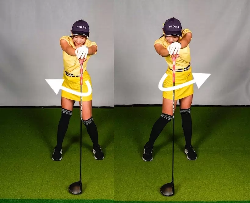 写真のようにクラブを支えにしてスイングするイメージで下半身を動かす