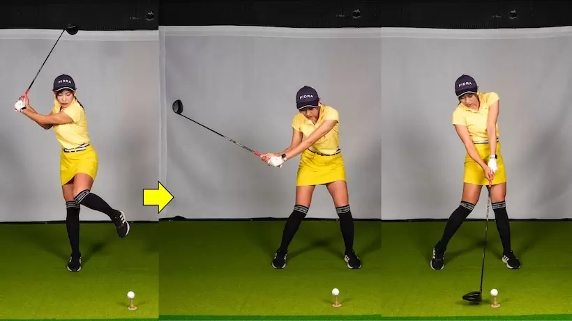 トップで右足一本立ちになったら左足を踏み込みながらインパクトへ。このイメージで打てると飛ぶ