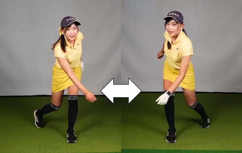 イメージはスケート。左右の股関節間で体重移動するイメージをもつと過度な体重移動によるスエーを防げる