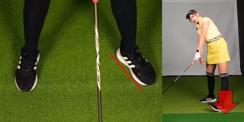 左ツマ先を開いてアドレスするとスムーズに動きやすい。インパクトで左カカト体重になるイメージで動いてみよう