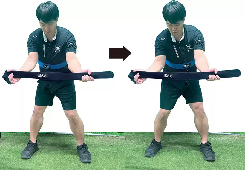 体のヒジの高さにヒモかゴムバンドを装着し意識を集中。ヒジを直角に曲げてタオルを張って持つ。アドレスの姿勢を作り、ゴムバンドの部分から体が分離するイメージでおヘソを左右に10回ヒネる。