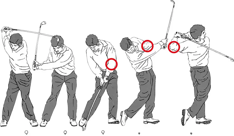 左腰のターンを左ヒジで追い越していくことでヘッドを走らせるホセ・マリア・オラサバル。インパクトで手元に余計なブレーキがかからないので、フックのミスが出にくく、操作性の高いショットを繰り出すことができる