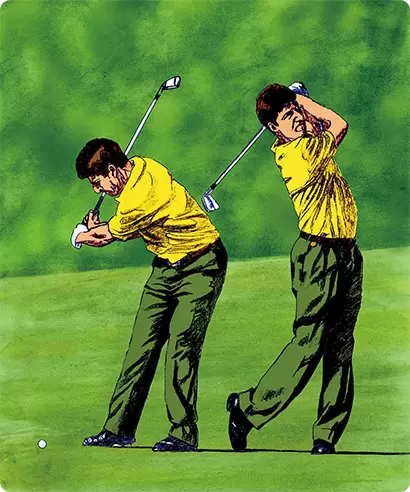 ホーガン同様、左腰のターンでダウンをリードするオラサバル。操作性を損なわずに一気にヘッドをリリースできるのは、左ヒジのたぐり動作がポイントだ。