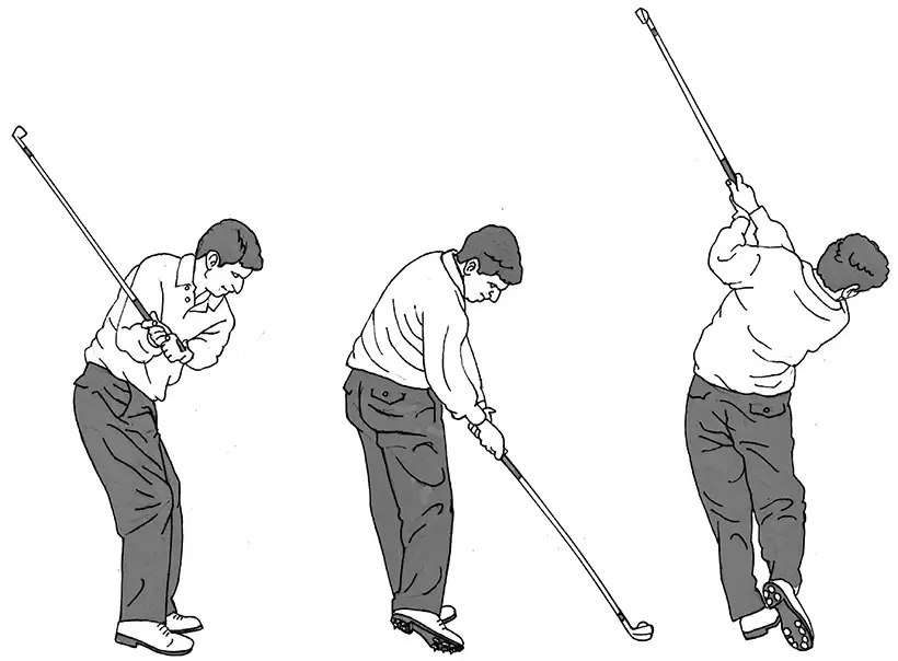 ダウンで右腰を前に突き出さず、左腰を後ろに引く。インパクトエリアで左ヒジを引き付けることで、クラブはアウトサイドに外れず、オンプレーンで振り抜けていく。