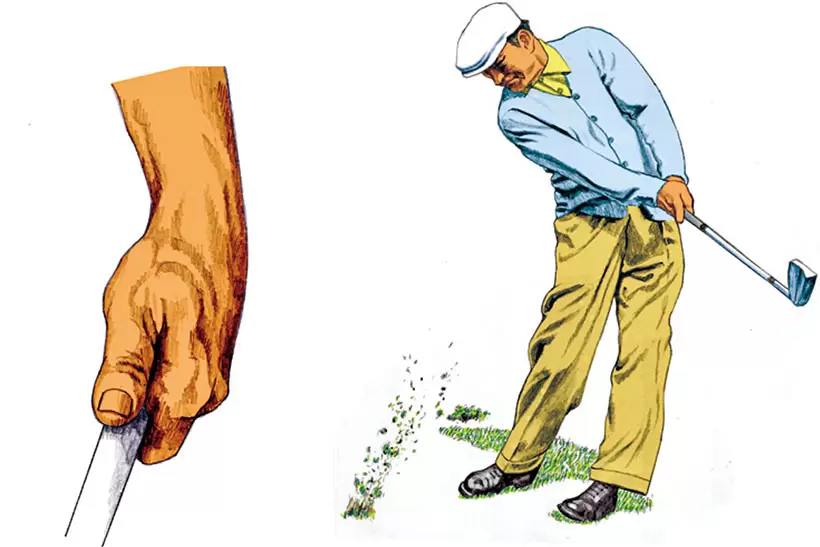 「ホーガンはインパクトで左手首が盛り上がるイメージで左手3本指を締め込み、たぐり動作を行っていました。コントロールショットでは、締め込みを抑えて加減したぶん、左ヒジがたわむフォローになることも」