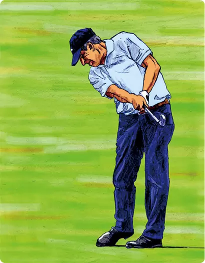 ボディターンの量に関係なく、左ヒジの引き付け加減でクラブはオンプレーンに納まる。下半身の動きが制限されやすい斜面でも操作性は落ちない。