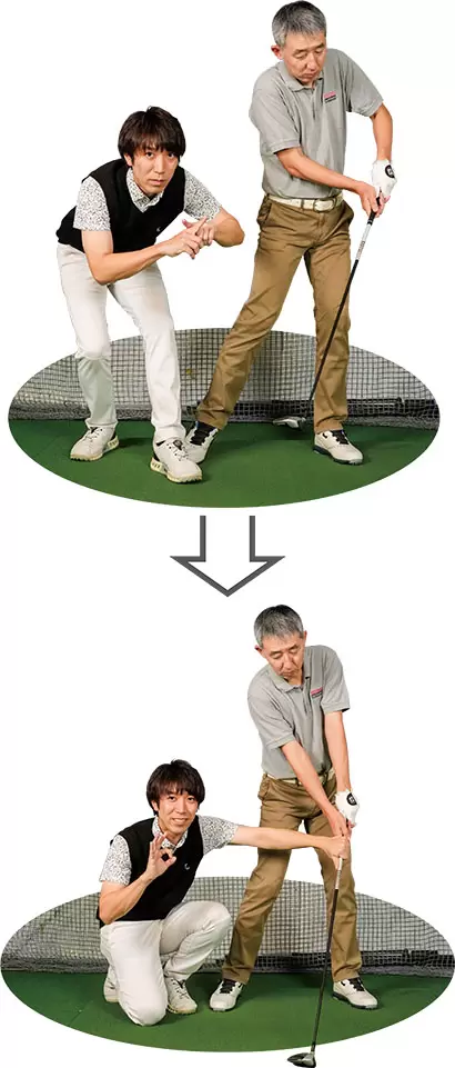 （写真上）体が先に流れてしまっているためヘッドが地面から遠く離れてしまう（写真下）体の軸がブレずクラブの遠心力でヘッドが地面に対し適切に下りてくる！