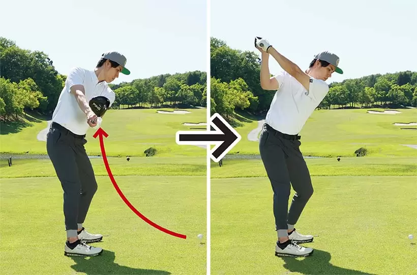 クラブヘッドでキレイな円を描くイメージでバックスイングしよう。