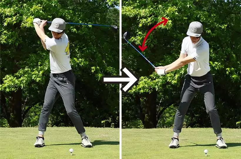 トップとハーフウェイダウンの間を上げ下ろしする素振りでタメないダウンスイングの感覚をつかもう。