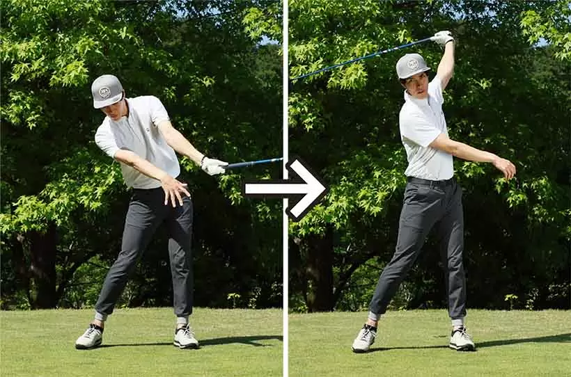 クラブヘッドの重さによる遠心力で大きな円弧で振り抜くイメージも体感できる。