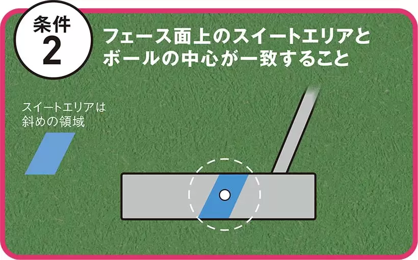グリップをつまんで木槌などでフェースを叩くとヘッドがブレないところがある。これがフェース面上のスイートエリア。図のようにフェースに斜めに広がっている。