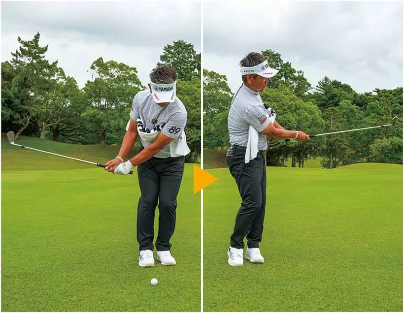 腰の高さの振り幅で、フィニッシュまでタオルを落とさずに振る。肩の高さくらいまではこの状態でスイングできる。