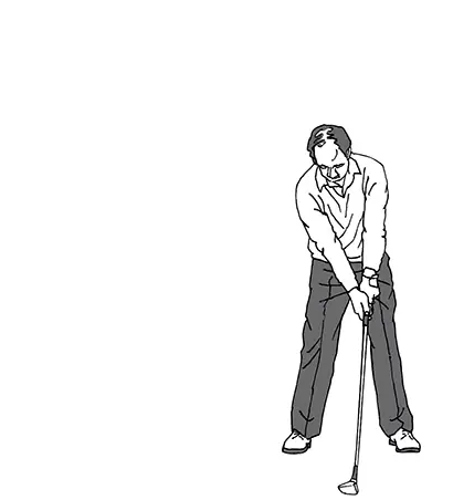 インパクトをイメージし、左腕とクラブを真っすぐ伸ばして構えるラリー・ネルソン。オープンスタンスでボール位置もやや中寄りにしている。