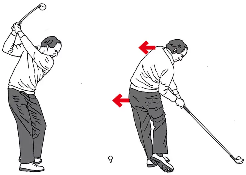 「シャフトを立てたトップからボディターンを意識するとカット打ちになりがちですが、切り返しで右ヒジを下げてタックインすると、左腰と左肩をどんどんターンしてもヘッド軌道はインサイドから下ります」
