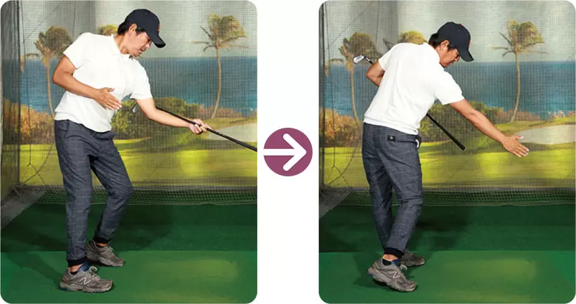 「体重移動は意識しなくても、両腕とクラブの重さのぶん、左右にかかる圧は移動します。それに拮抗して軸ブレを防ぐには、体重移動を“左右”ではなく“前後”でイメージするのも有効です」