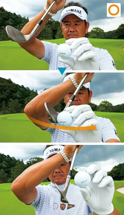 手元を先行させてハンドファーストに打つと、ややダウンブローの軌道になり、スイングの最下点が左（ボールの先）になる。結果、ボールにコンタクトしやすくなり、ダフることなくボールを押していける。