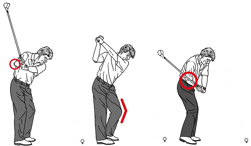 （左）シャフトを立てるイメージで振り上げるニック・プライス。クラブが軽く感じられ、スムーズに動かしやすい。右ヒジは絞り込まず、叩けるトップをイメージして折りたたんでいく。（中）軽いヒールアップで左ヒザ