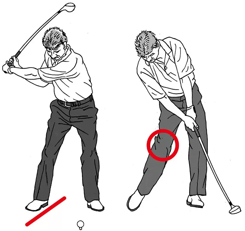 （左）プライスはクローズドスタンスと合わせて右足を開く。バックスイングでのターンを促し、ダウンでの右ヒザの動きすぎも抑えられる。（右）切り返しの左足の踏み込みで左へのターンを促しつつ、右手で叩いていく