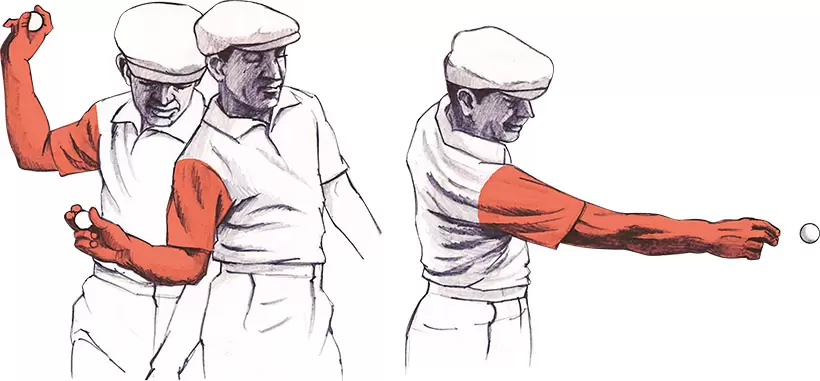 「ダウンを右ヒジでリードして、目標方向にボールを投げるイメージでリリースする動きは、特に右手主導では欠かせないイメージです。スナップを利かせて右腕を振り抜く感覚をつかんでください」