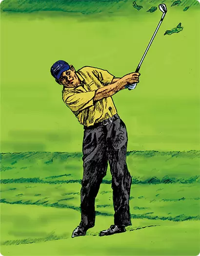 右ヒザは前方に出し、左ヒジは後方に引くことでボディターンを抑えつつ、右手とクラブを十分に振り抜くプライス。余計な動きがない。