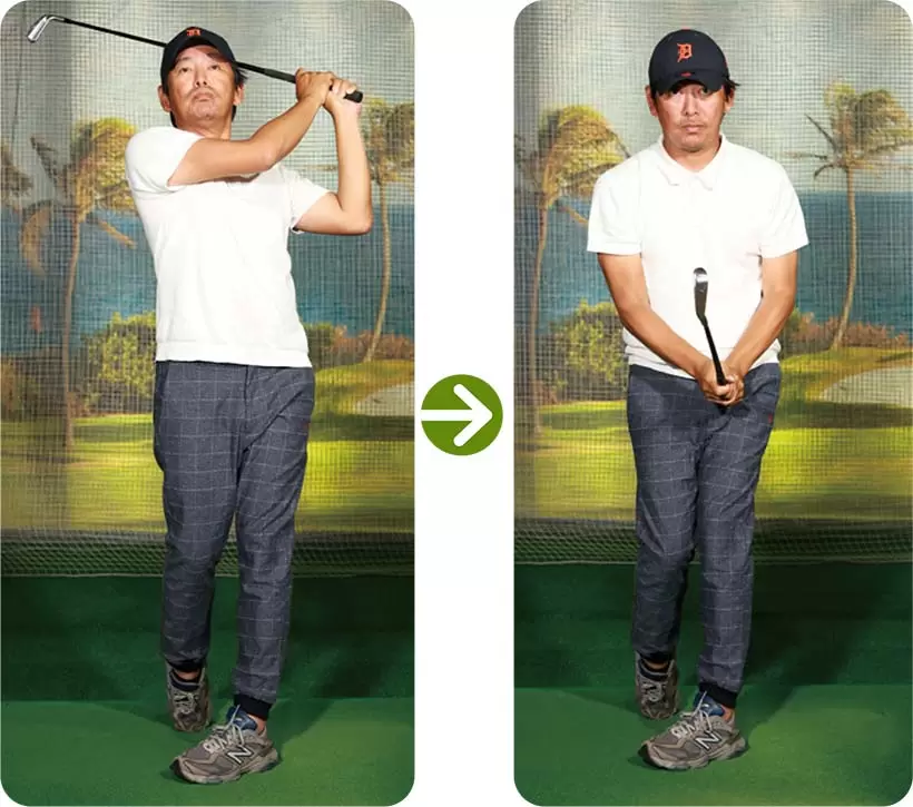 「右手主導のプライスは、フォロー以降でも右ワキは緩みません。トップで左ワキが締まるのと同様に、テンションを維持しているため、フィニッシュの反動で手元が引き戻されます」