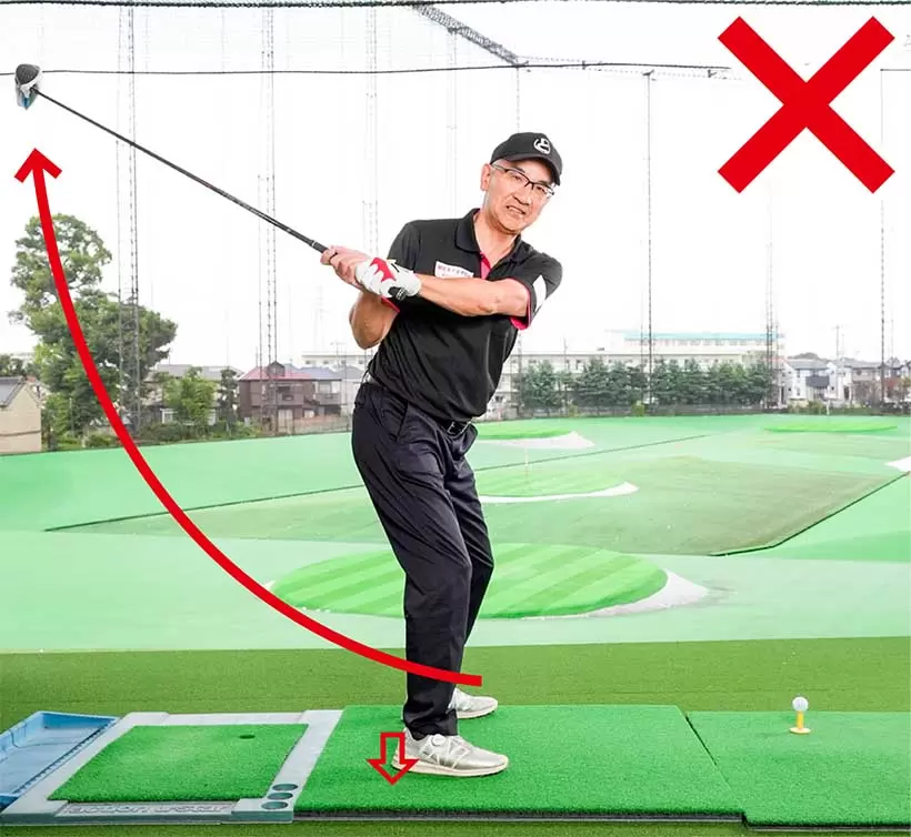 カカト体重の構えではクラブがインサイドに低く上がってしまう。