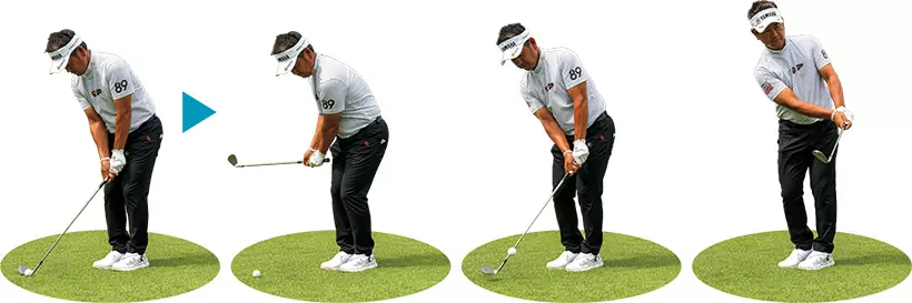 軸を保ちながら体を左右に揺さぶるイメージでスイングすると、ノーコックでもヘッドが効率よく動く。