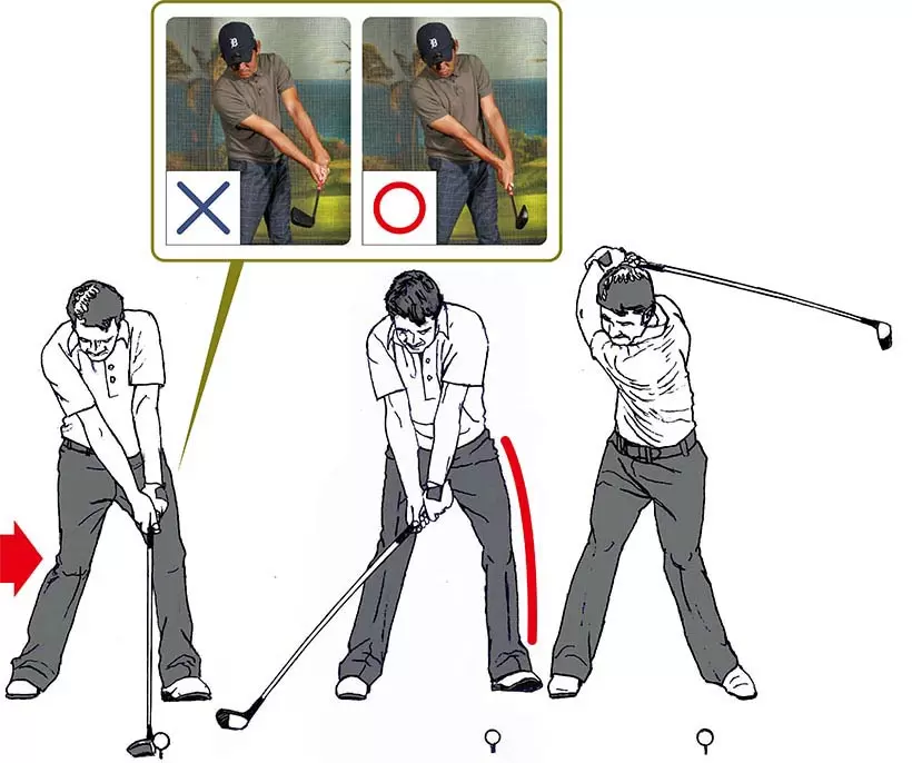 （左）スイングの始動を、右ヒザを押し込むフォワードプレスで行うゲーリー・プレーヤー。左サイドのテンションを高めることで、テークバックの弾みをつけている。（中）右ヒザを戻す動きに連動して上体がターン。こ