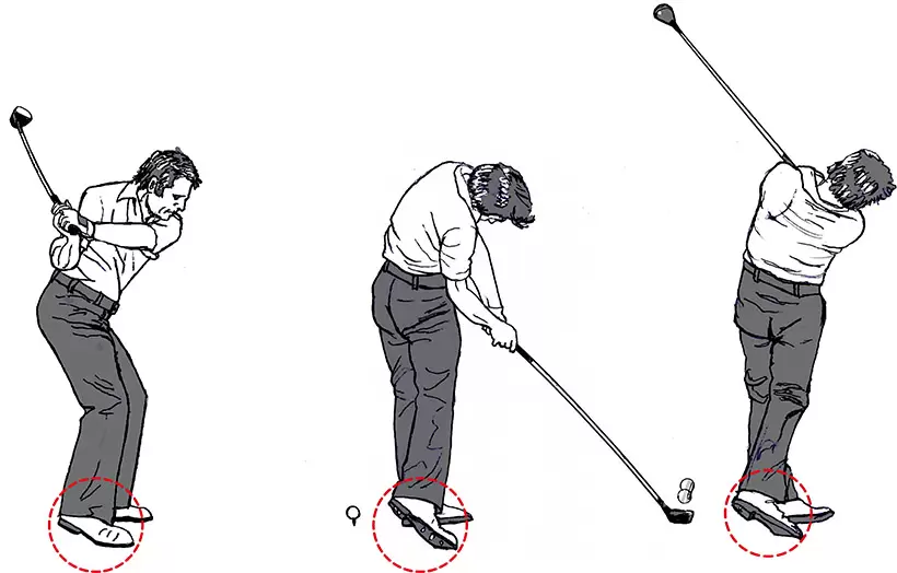 （左）切り返しで、右足を内側に倒しつつ踏み込んで右ヒザを左に送る。上体、腕とクラブの動きを下半身がリードする。（中）右足を蹴り下ろすイメージで踏み込み、腰のターンを促す。頭を残すことでスイング軸はブレ