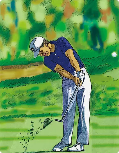 左手甲を目標に向けたまま振り抜くことで方向性を確保しつつ、右足の蹴りでボディターンを促し、十分なヘッドスピードを得ている。