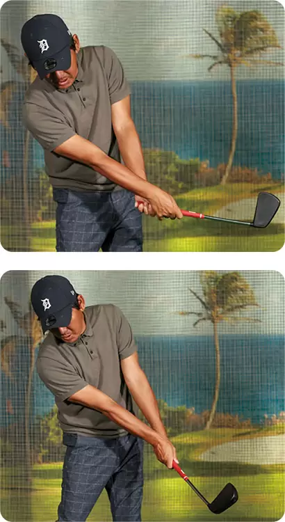 「プレーヤーは前腕、手首を内側に曲げる筋肉をよく鍛えていましたが、フックを防ぐリストターンは左手首を甲側に折るのはNG（上）。左手甲をフラットにしたまま、左前腕を回旋していくとフェースターンが緩やかに
