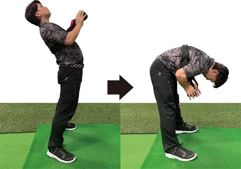 タオル等を持ってワキの下に通し、上体を反らす。そのあと屈んで小さくなる動きを必ず入れることを忘れずに！