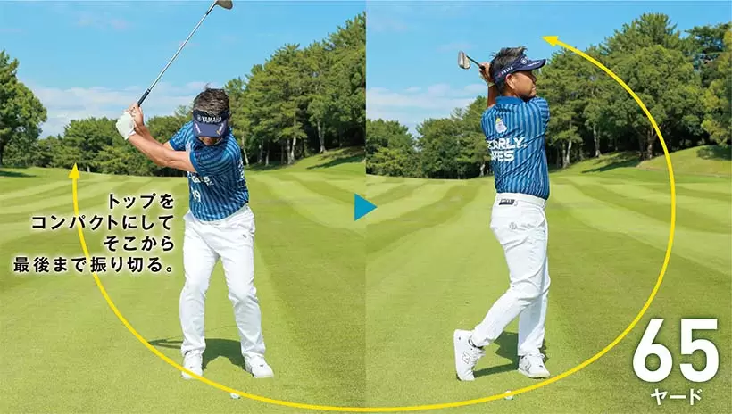 左右対称の振り幅ではなく、右肩から通常のフィニッシュへとクラブを大きく振るのが、応用テクニック。この「ものさし」で65ヤード前後の距離を打ち分ける。