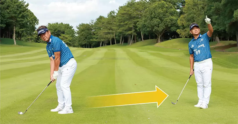 ボールの飛球線後方ではなく横（背中側）に立ち放物線を頭に描く。