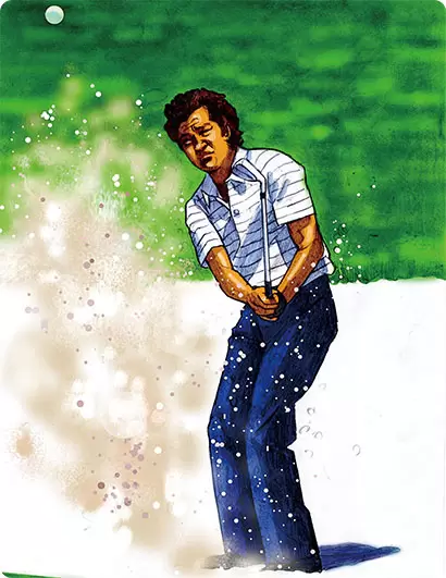 米ツアーでサンドセーブ率1位となったこともある青木功。バウンスの跳ねさせ方でフェース向き、弾道をコントロールしている。