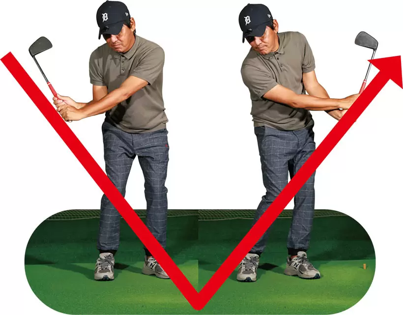 ハーフスイングで、フェースがスクエアになるイメージで、ソールで地面を叩く。フォローは地面を叩いた反動でヘッドを高く跳ね上げていい。