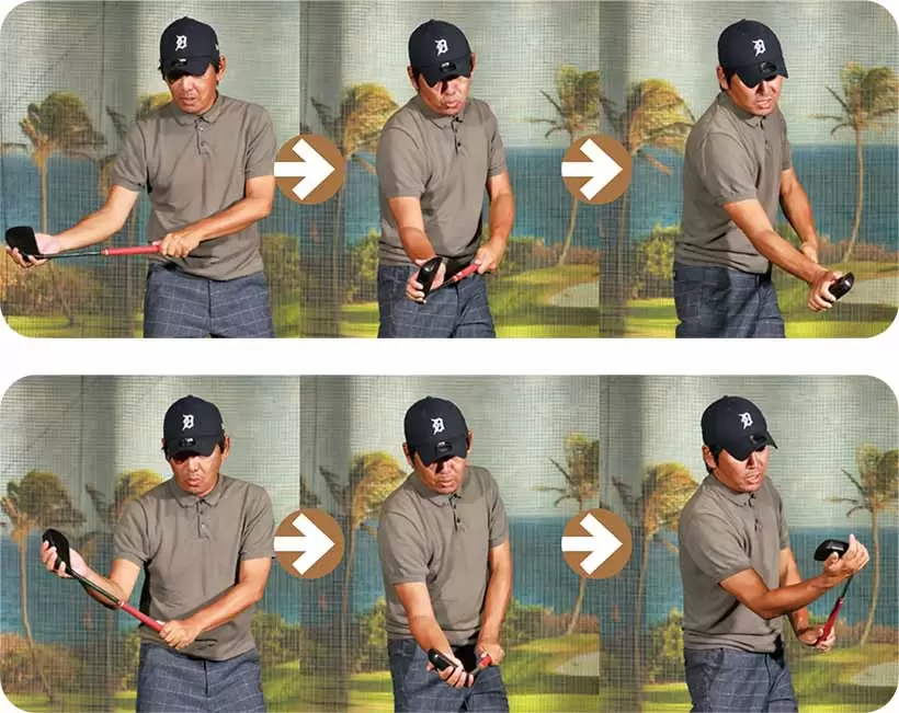 打面をボールのヨコから当てるイメージでは刃から地面に刺さりやすく、フェースが返りすぎる傾向も。バウンスで地面を叩いて跳ねさせると、フェースを必要以上に返さずに抜くことができる。