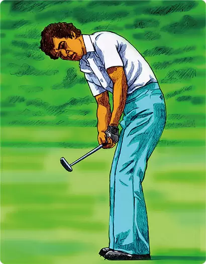 左手首が折れてヘッドをリリースする青木功のパッティング。グリップエンドを締めて左にズラさず、ソールをボールの真下で跳ねさせるイメージと合う。