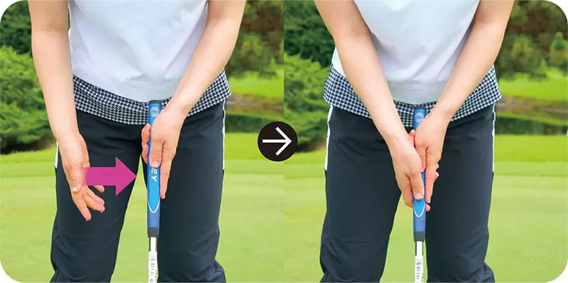 右手のフィーリングを生かすのが順手のポイント。有村同様、右手のヒラとパターフェースの向きを揃えているプロが多いが、そうするにはグリップする時に右手をヨコから添えるといい。