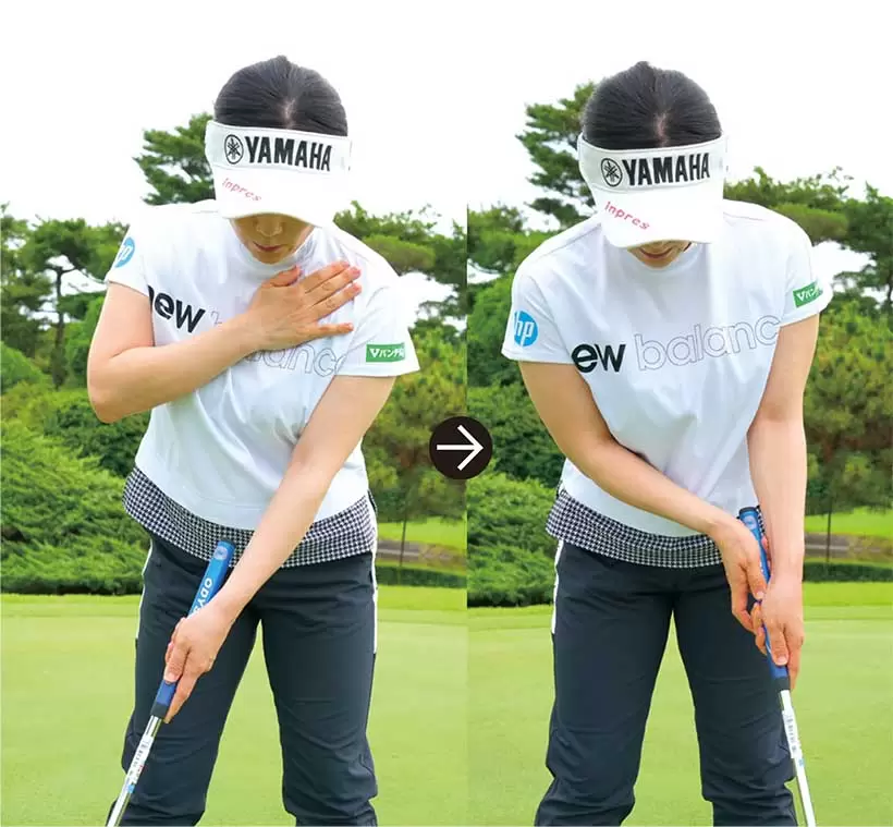 ロックされた左手をしっかり動かすには、肩から動かすことが不可欠。ロングパットが打ちきれないのは、これができていないから。心あたりがあったらショートパットからはじめよう。