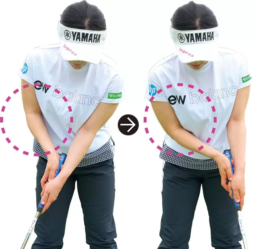 右手の悪さを防ぐ効果が高いということは、左手をメインに使うということ。右ワキを締め、右ヒジをワキ腹につけてストロークすれば体が左手主導で体が動きやすくなる。