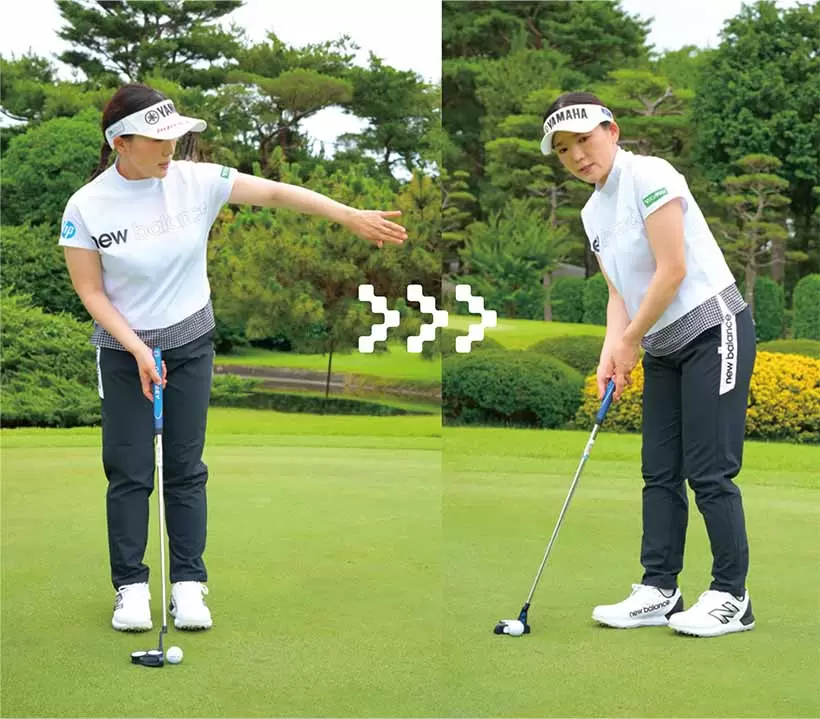 ラインをイメージしたら曲がりの頂点にアタリをつけ、右足からアドレスに入る。