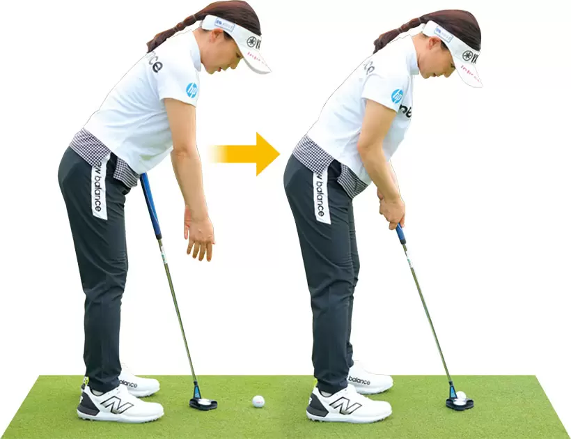 軽く上体を前傾させたら両腕をダランと真下に垂らし、その位置でパターを持つ。